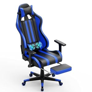 HENGMEI Gaming stoel, computerstoel, ergonomische gamingstoel, bureaustoel, draaistoel met lendenkussen, voetensteun, hoofdsteun, bureaustoel, belastbaar tot 300 kg (blauw)