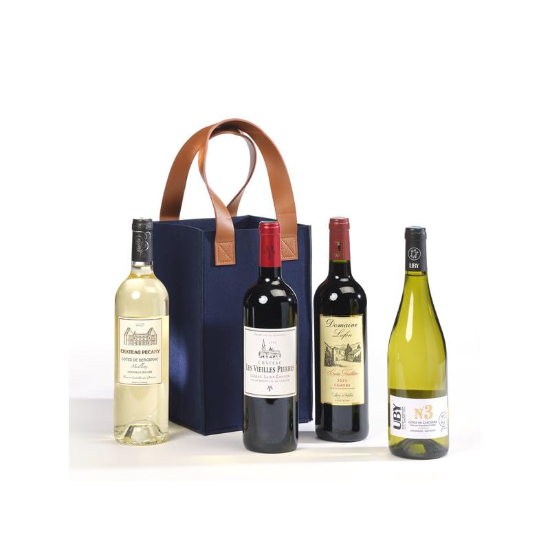 Cellier du Périgord - Coffret 4 Vins Sud-Ouest 2025, Lussac Saint-Émilion, Cahors, Bergerac moelleux, Uby blanc sec, sac feutre 18x28cm