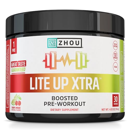 ZHOU Lite Up Xtra - Sugar Free Pre Workout Powder for Women & Men, Preworkout Supplement with Caffeine for Clean Energy, Amino Acid Support, Hydrate & Focus, Plant Based - Cherry Limeade, 16 oz Jar