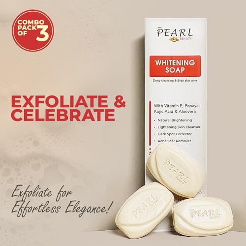 Image of Pearl Whitening Soap with Kojic Acid & Papaya | Skin Brightening Bar for Dark Spots, Acne Scars, Pigmentation | Deep Cleanser for All Skin Types | 3 x 75g Soaps