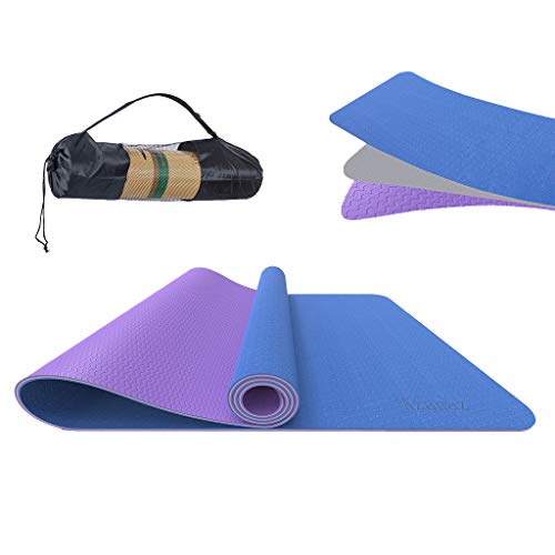 Azanaz Oefenmat, yogamat dik 3 lagen, sportmat fitnessmat antislip, TPE materiaal, voor yoga, pilates, fitness gebruikt 183x61cm (24x72in), blauw