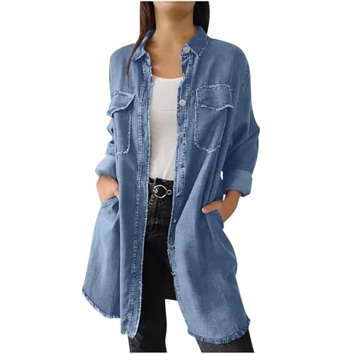 Womens Long Denim Jackets Plus Size Trench Coat Open Front Cardigan Button Down Long Sleeve Classic Jeans Jackets