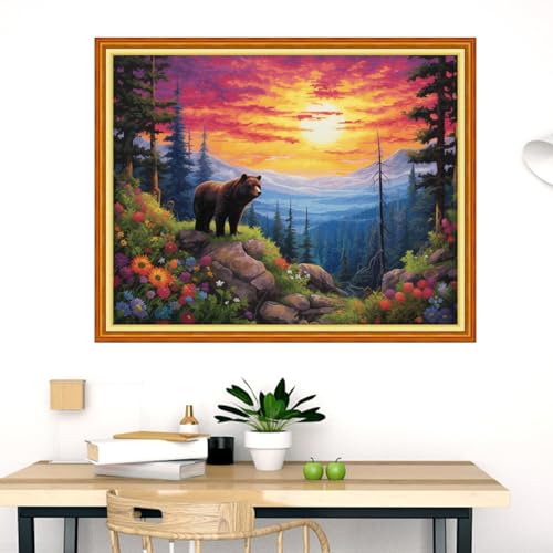 Image of Dooxvey Cross Stitch Kits for Adults Stamped Full Range of Embroidery Starter Kits for Beginners 11CT Printed Cross Stitch Patterns Needlepoint Kits Stamped Crossstitch- Sunrise Bear 16x20 inch