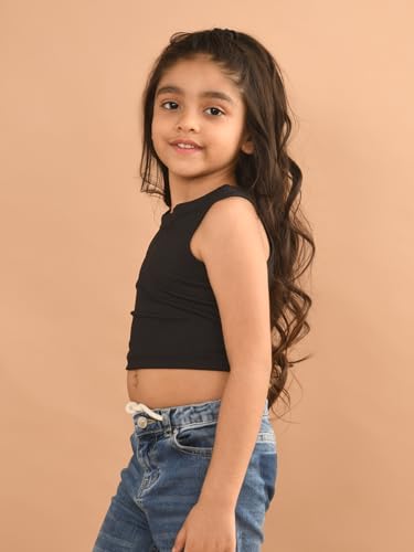 Image of LILPICKS Solid Sleeveless Crop Tank Top for Girls (Black)