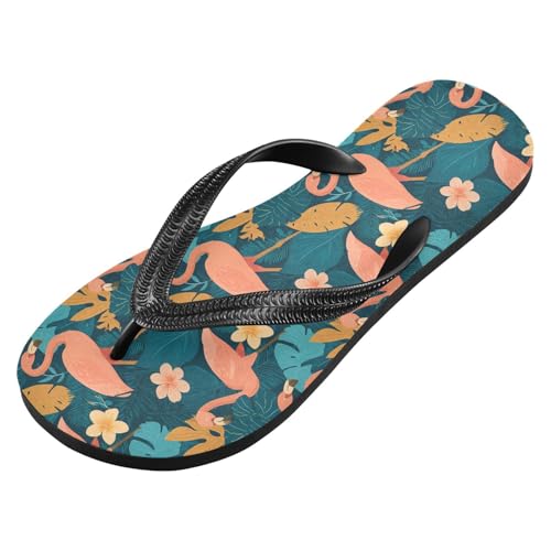 ALAZA Flamingo Monstera Leaf Flip Flops for Women Fashion Beach Slippers Comfort Mens Flip Flops Non-Slip Rubber Shower Slippers Sandal for Hotel Travel Sport,XS2
