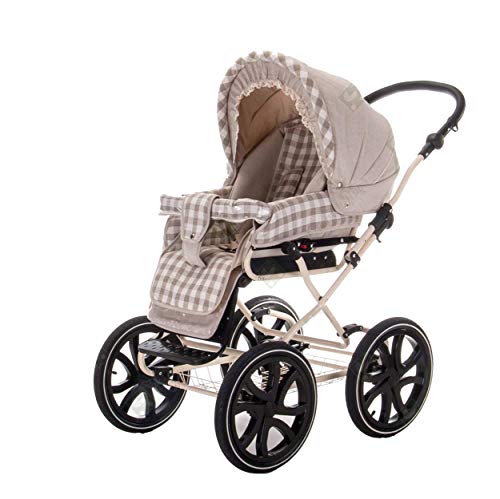 Friedrich Hugo baby's moving art Natureline Checked | 3 in 1 Kombi Kinderwagen Komplettset | Öko Nostalgie Kinderwagen | Farbe: Claudette Silver, PCS_NL-B1-DE-GC-R4