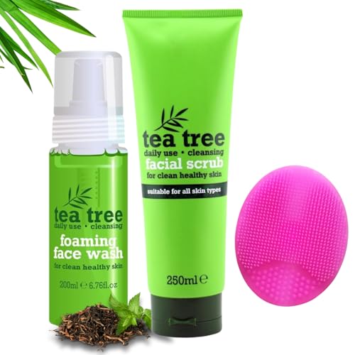 Tea Tree Foaming Face Wash and Facial Scrub with Cleansing Brush 2-Pack Deep Pore Cleansing