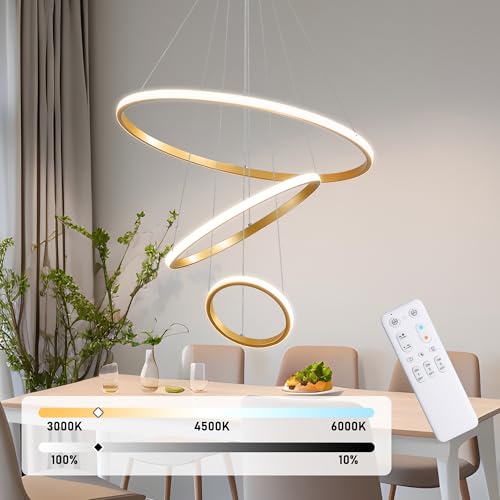KAUCQI Lampadario Soggiorno 56W Moderna Lampada a Sospensione, Lampadario Cucina Led Lampadario Salotto Soffitto Dimmerabili 3000K-6000K 3 luci Φ60+40+20cm Villa Sala da Pranzo