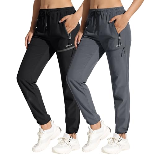 MOCOLY Women's Cargo Hiking Pants Elastic Waist Quick Dry Lightweight Outdoor Water Resistant UPF 50+ Long Pants Zipper