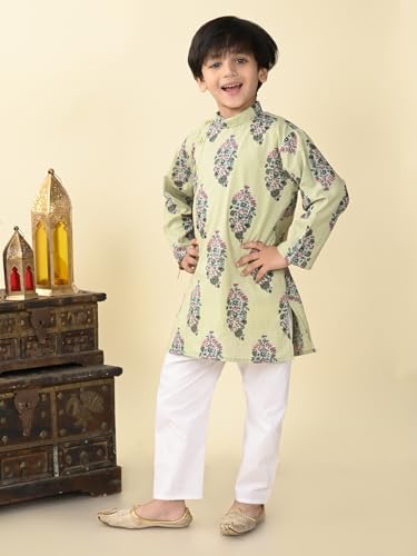 Image of superminis Boys Cotton Full Sleeves Side Open Sanganeri Printed Kurta With Pyjama Set