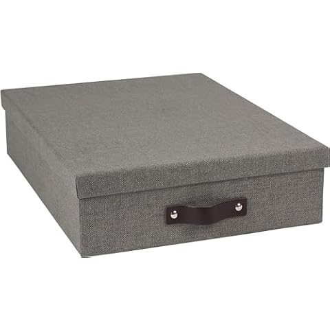 Bigso Box of Sweden Oskar Canvas Fiberboard Document Letter Box | File Organizer Document Box for Important Paperwork | Document Storage Box with a Lid & Leather Handle | 3.3" x 10.2" x 13.8" | Gray Cover