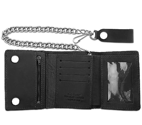 RFID Blocking Men's Tri-fold Vintage Biker Cowhide Leather Steel Chain Wallet,Snap closure, Made In USA,tc315-solid black3