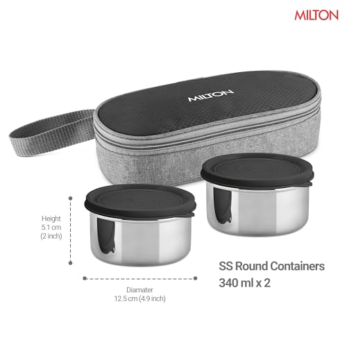 Image of MILTON Plato Pack Small Stainless Steel Lunch Box (2 X 340 ml containers) with Jacket | Leak Proof, Food Grade I Lightweight, Odour Proof | 1 Year Warranty I Ideal for Office, School, Travel, Black