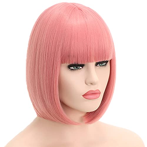 Colorful Cosplay Party Daily Synthetic Short Bob Wig With Bangs Straight Black Blonde Pink Hair Wigs Heat Resistant Hair Wigs for Black Women (pink)