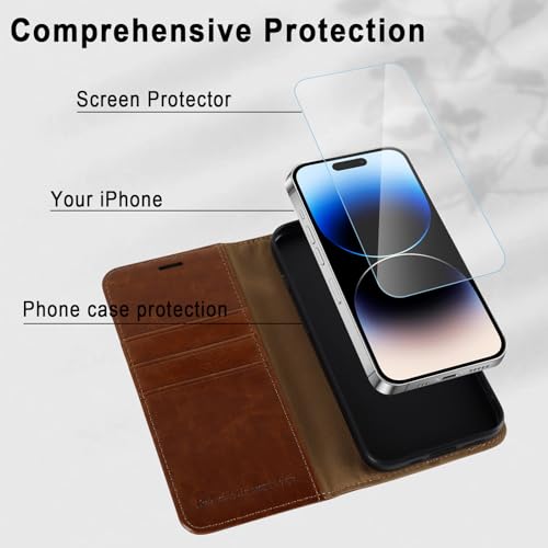 Image of MONASAY Vegan Leather Fit for iPhone 14 Pro Max 5G Wallet Case, 6.7-inch, [Glass Screen Protector Included] [RFID Blocking] Flip Folio Phone Cover with Credit Card Holder,Brown
