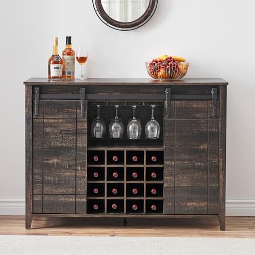 Image of GAOMON Bar Cabinet with Barn Doors, Farmhouse Style Wine Storage Unit with Drawer and Open Shelves, Burnt Wood Finish for Home Bar & Party Hosting