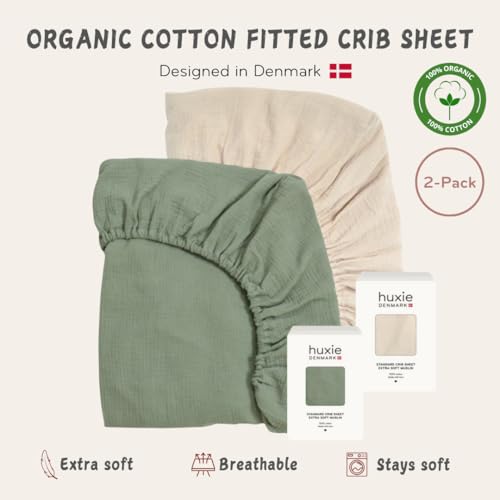 Image of Crib Sheets - Organic Cotton Muslin Fitted Crib Sheet - Standard Size for Baby Boys 28 inch x 52 inch Ultra-Soft and Breathable. 2-Pack (Fog /Roman Green)