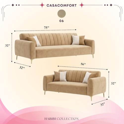Image of Habibi Rich Velvet Suede 3+2 Seater Sofa Set | Spacious Soft Touch Comfort Seating | 5 Person Seating | Modern Living Room Sofa Set (Beige)