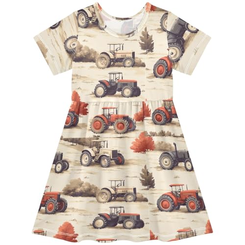 Pigsaly Girls Short Sleeve Dress Vintage Red Tractors Cars Girls Summer Dress Playwear Dresses 2T