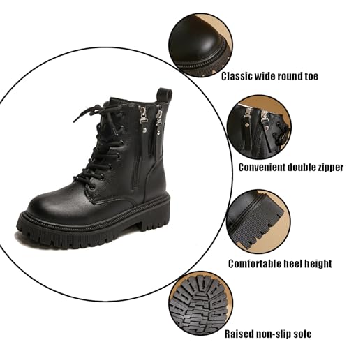 Women's Leather Lace Up Combat Platform Ankle Boots with Double Side Zipper Classic Round Toe Chunky heel Lug Sole Non-Slip Mid Calf Booties4