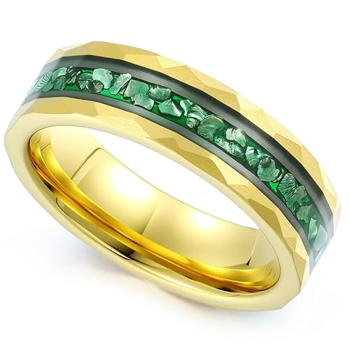 8mm Mens Tungsten Wedding Bands 14K Gold White Black Gold Plated Tungsten Rings for Men with Created Emerald/Ruby/Meteorite Inlay Promise Rings Hammer Comfort Fit Size 7-14