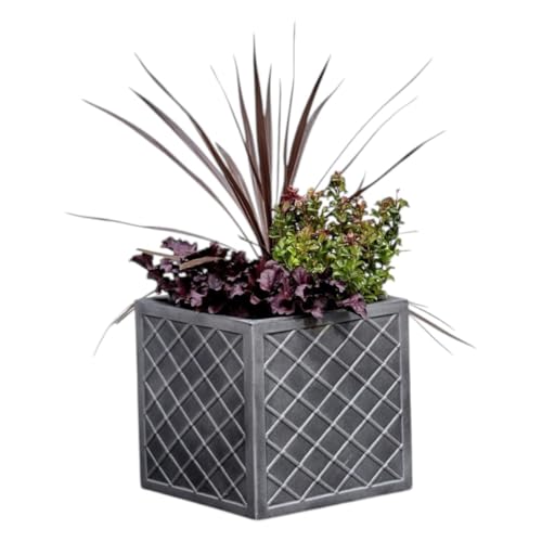 Image of Shop4allsorts Large Square Lazio Planter - Pewter Grey Outdoor Lazio Pot - Lattice Style Square Plastic Garden Plant Pot - Garden Balcony, Patio Flower Planter 39.5cm x 39cm