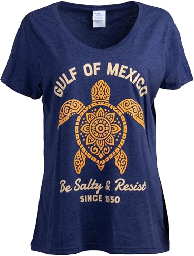 Be Salty and Resist T-Shirts for Women - FDT Gulf of Mexico Tshirt Playeras Golfo de Mexico Camiseta, Retro Navy, S