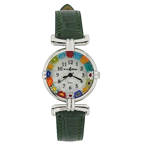Montre Murano Millefiori fait main en Italie avec un élégant bracelet vert forêt pour femme