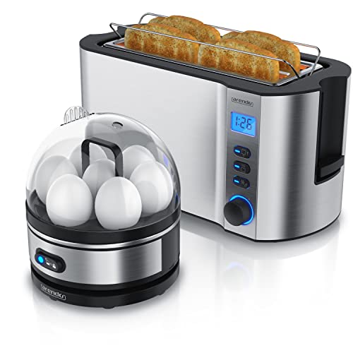 Arendo Set Ensembles grille-pain MANHA et cuiseur à oeufs SEVENCOOK Inox Gris, Toaster 4 tranches écran LED 6 degrés de brunissage support viennoiserie Cuiseur à oeufs 1-7 oeufs verre doseur