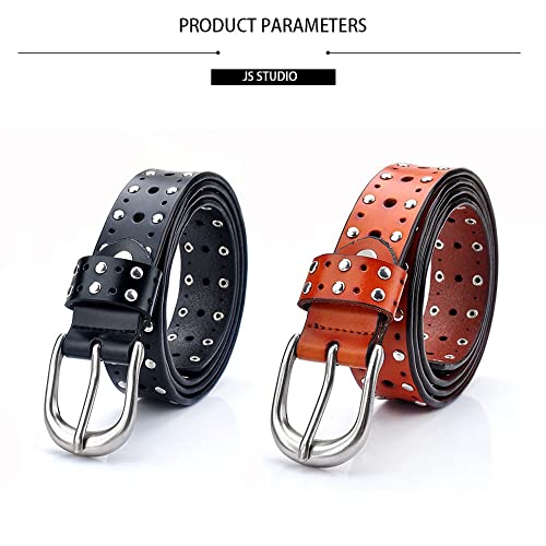 YOU&M Cow Leather Vintage Waist Belt Infinite-Hole Pin-Buckle Punk Rivet/Studded for Unisex Jeans Pants3
