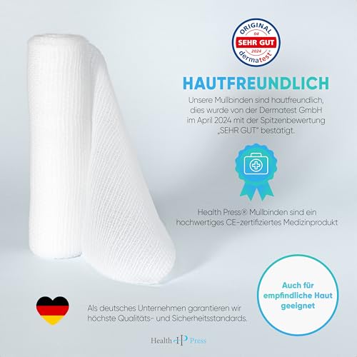Health Press Mullbinden – Verbandsmaterial (8cm x 4m) 20 Rollen – Elastischer Binden Verband – Medizinprodukt – Dermatologisch getestete Fixierbinde – Bandage Ideal für Erste Hilfe & Wundversorgung
