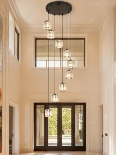 Meimond Long Chandeliers for High Ceilings,Modern Crystal Pendant Light,Raindrop Drop Lamp,Hanging Flush Mount Lighting Fixtures for Spiral Staircase,Foyer,Entryway,Living Room,Black (8 Lights)
