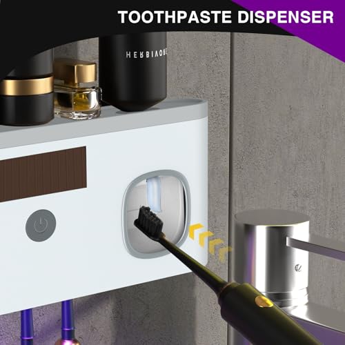 CPOTAM Wall Mounted Toothbrush Holder with Toothpaste Dispenser Electric Toothbrush Holder for Bathroom Solar Charging and No Drilling Required Smart Toothbrush Organizer with 5 Brush Slots