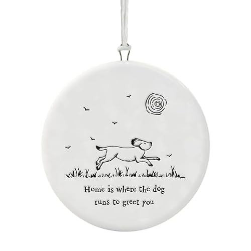 East of India White Ceramic Round ""Dog Runs to greet you"" Hang Dec sign 6.5cm