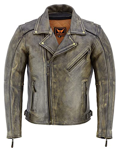 A&H Apparel - Men's Motorcycle Genuine Cowhide Leather Jacket: Classic Style in Genuine Cowhide Leather with Zip-Out Lining (Distressed, L)