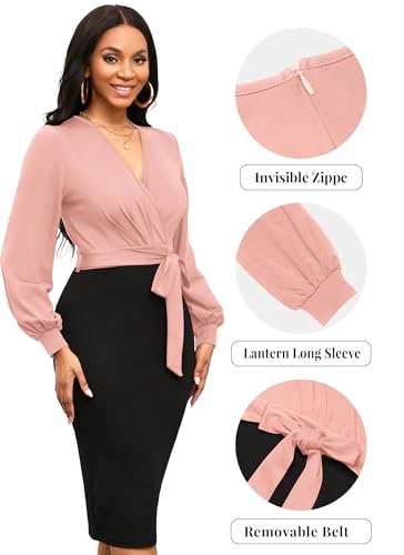 Runwind Women's Work Bodycon Pencil Dress Long Sleeve with V-Neckline Design and Belt4