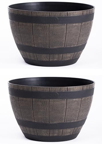 Image of Garden Gear Curved Wooden Barrel Planter Rustic Oak Effect Weatherproof Plastic Outdoor Indoor Flower Pot 3 Sizes Medium Large XL (Small x2)