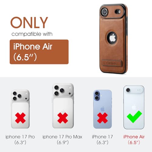 Image of Casus for iPhone Air Case Compatible with MagSafe Kickstand Vegan Leather Slim Classic Luxury Elegant Protective Cover with Tempered Glass Screen Protector (2025) 6.5 inch, Brown