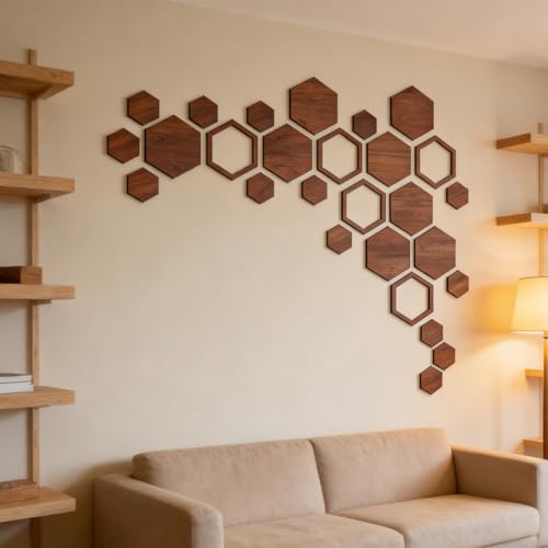 Decoración de pared hexagonal de madera Qury con pegatinas 3D de panal 5