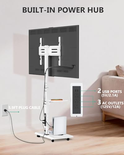 Image of WALI Rolling TV Stand with Power Outlet & AV Shelf, Mobile Tall TV Stand Mount on Wheels for 34-75 inch TV up to 110 lbs, Swivel Height Adjustable TV Cart with Wood Base for Bedroom(TVDVD-6PRW), White
