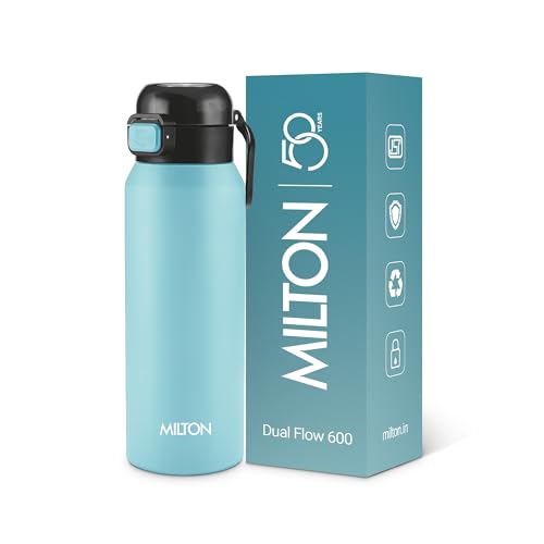 Image of Milton Dual Flow 600 Thermosteel Water Bottle 595 ml with One Touch Safety Lock & Twin Lid Sip or Gulp,Long Hours Hot & Cold,Leak Proof,ISI Certified,Vacuum Insulated,for Office,Gym,School,Sea Blue