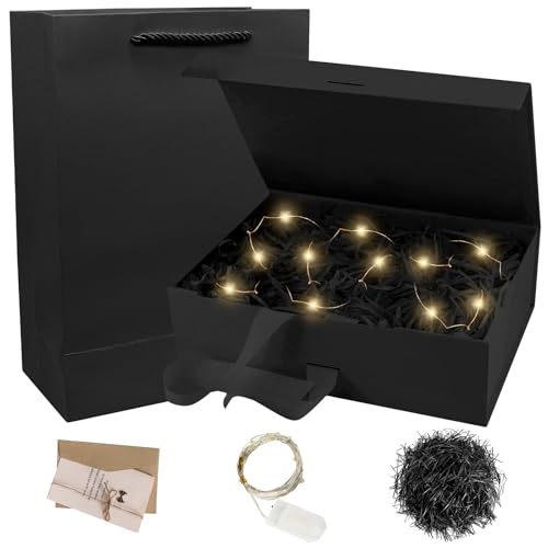 Presentförpackning med lock, vikbar presentförpackning bröllop, 23 X 17 X 7 cm magnetisk låda med rosett LED-lampor gratulationskort presentpåsar för julklappsförpackning födelsedag jubileum (A)