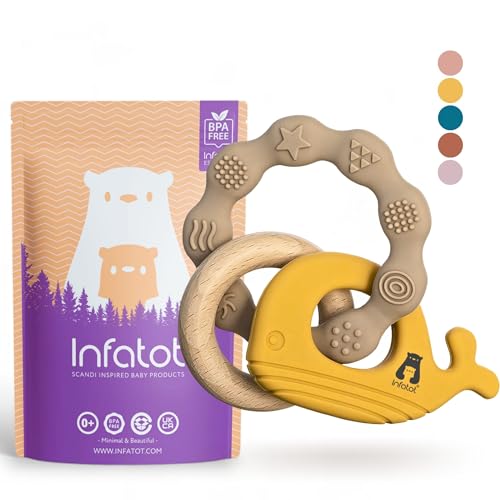 Infatot Siliconen bijtring speelgoed voor baby's 0-6 maanden - Walvis Octo - Baby Bijtring speelgoed fopspenen en bijtringen, kauwspeelgoed voor pasgeborenen, BPA-vrij sensorisch babyspeelgoed - aarde