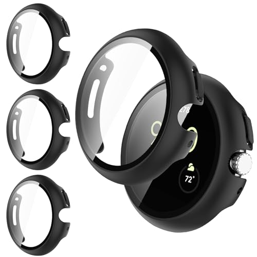 3-Pack for Google Pixel Watch 2 (New 2023)/ Pixel Watch Case with Tempered Glass Screen Protector + All Around PC Protective，Cover for Google Pixel Watch 2/ Pixel Watch 1-Black+Black+Black