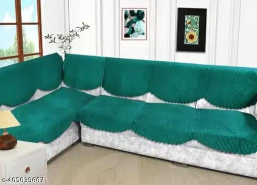 Image of Blush and Bloom 7 Seater L Shape Self Design Velvet Quilted Sofa Cover and Chair Cover, Seat and Back Cover (Teal Green)
