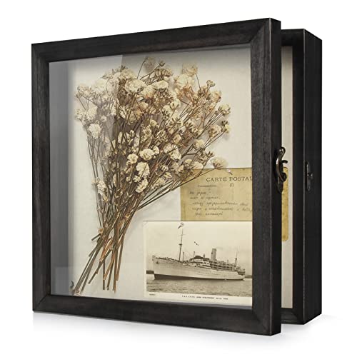 Image of TJ.MOREE Shadow Box 11x11 Memory Display Case Wooden Picture Frame Black | Fits 9.4x9.4 Inserts with Linen Back Rustic Keepsake Box with Glass for Pet Memorabilia Gifts Wedding Bouquet Military Medals