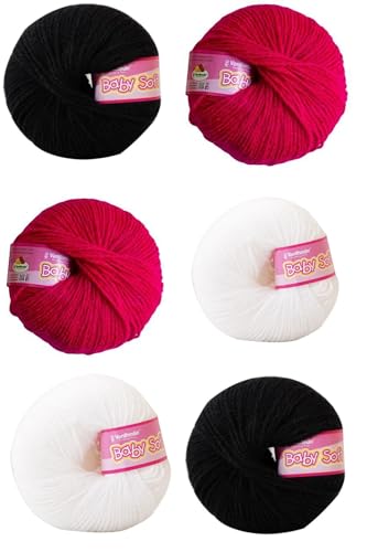 Image of Vardhman BabySoft Knitting Yarn | 100% Acrylic Wool | 4 Ply | Thin Knitting & Crocheting Hook Thread & Lightweight | Special Baby Wool | 150 Grams (6 Balls of 25g) | Machine Washable | Ideal for Blankets, Hats, Booties Ultra-Soft for Baby Sweaters, Blankets, Caps, Socks, Soft toys, Art & craft (Black 21 + White 18 + Magenta Pink 93)
