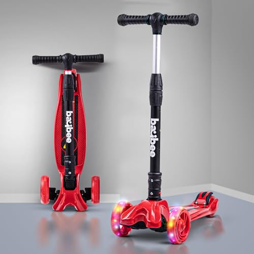 Image of Baybee Flash Kick Scooter for Kids | Smart Foldable 3 Wheel Kids Scooter with 4 Height Adjustable, LED PU Wheels & Brake | Skating Scooters Upto 75 Kg Capacity | Skate Scooters for Kid (Red)