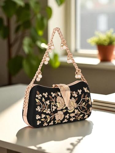 Image of TOOBA Handicraft Women's Beautiful Bling Box Clutch Bag | Evening Bag, Bridal Purse & Party Handbag | Wedding & Special Occasion Clutch (Flower Leaf)