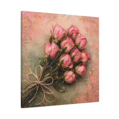 Tableau Rose Bouquet Floral en Toile Épaisse Style Peinture Premium